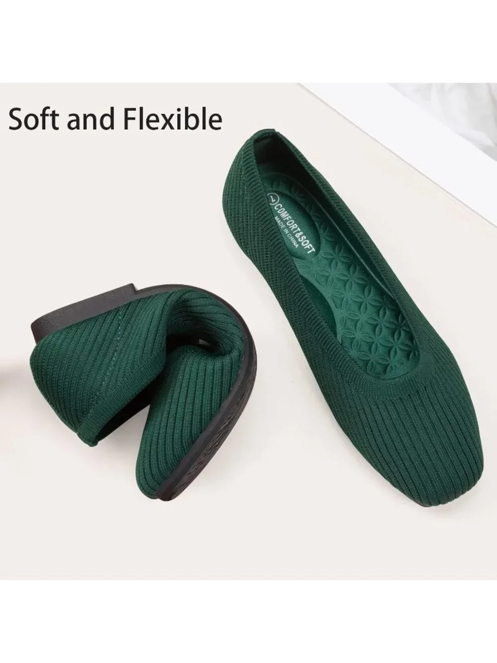 Women's Green Comfortable Slip on Washable Square Toe Ballet FlatsShoes for Work